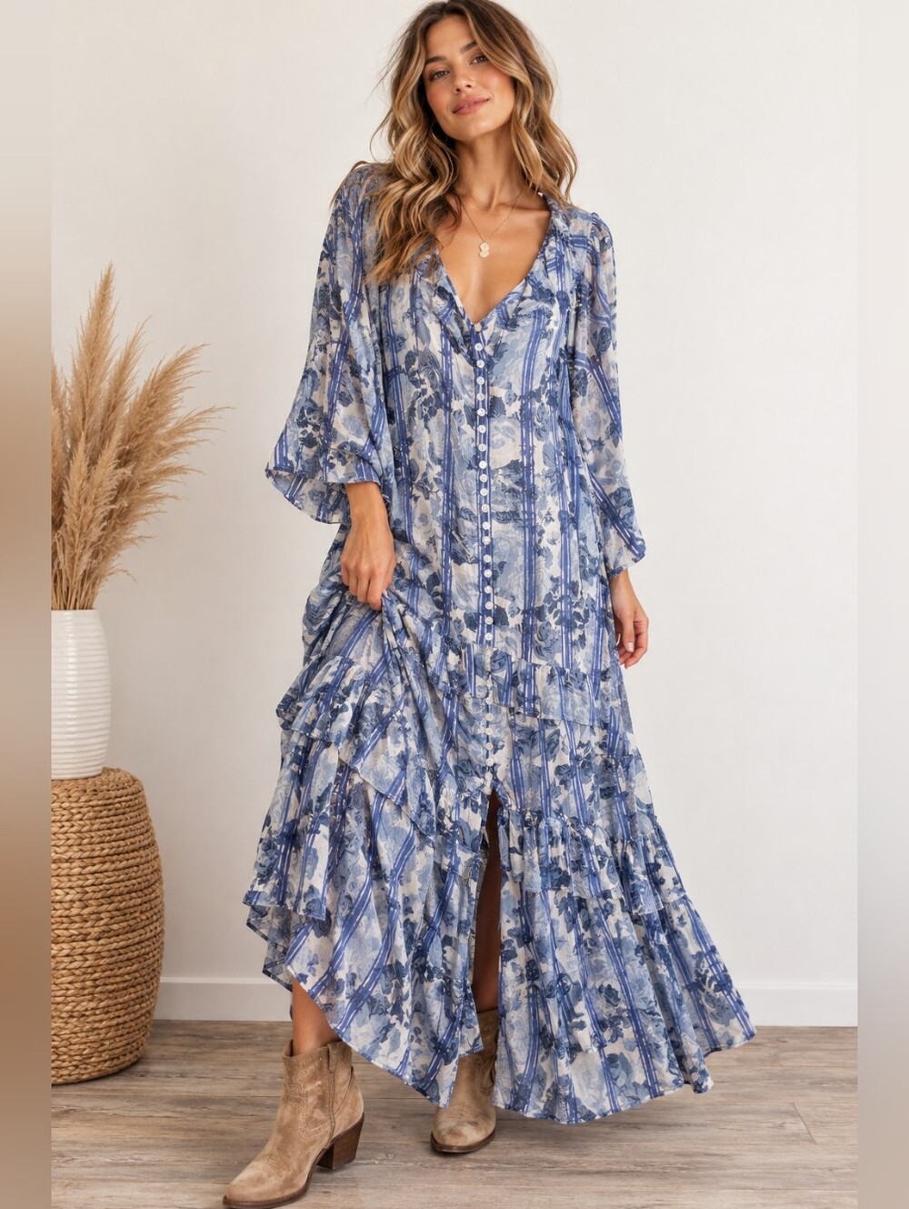 Free People Garden Wonders Maxi Dress Blue Floral Button Front L